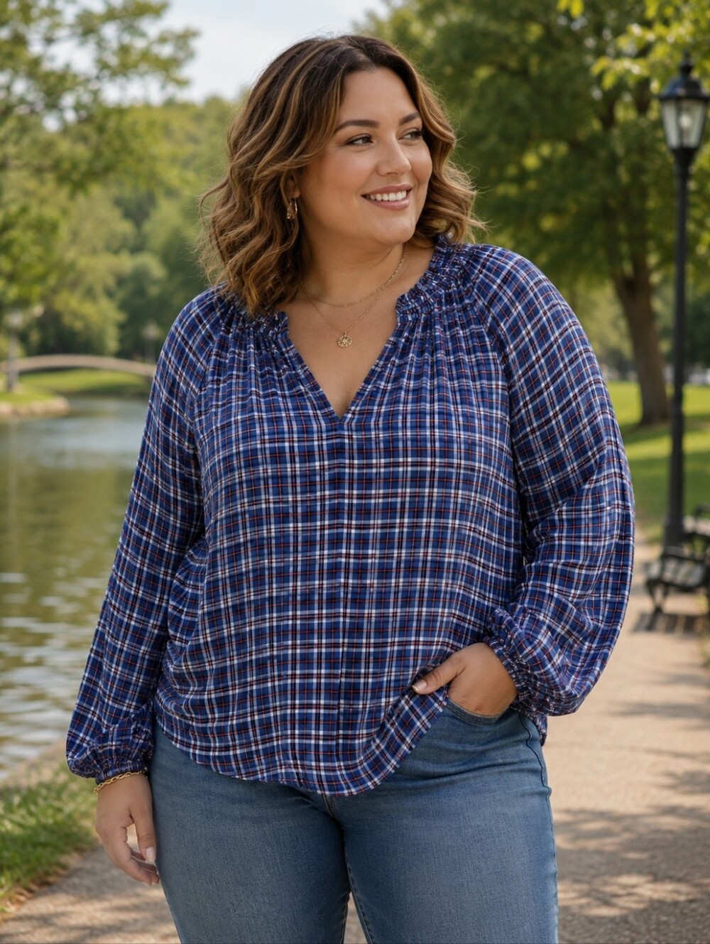 Old Navy Blue Plaid Long Sleeve Blouse